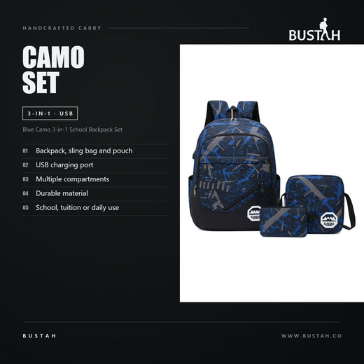 Bustah blue camo 3-in-1 school backpack set with USB charging port, matching crossbody sling bag and zip pouch