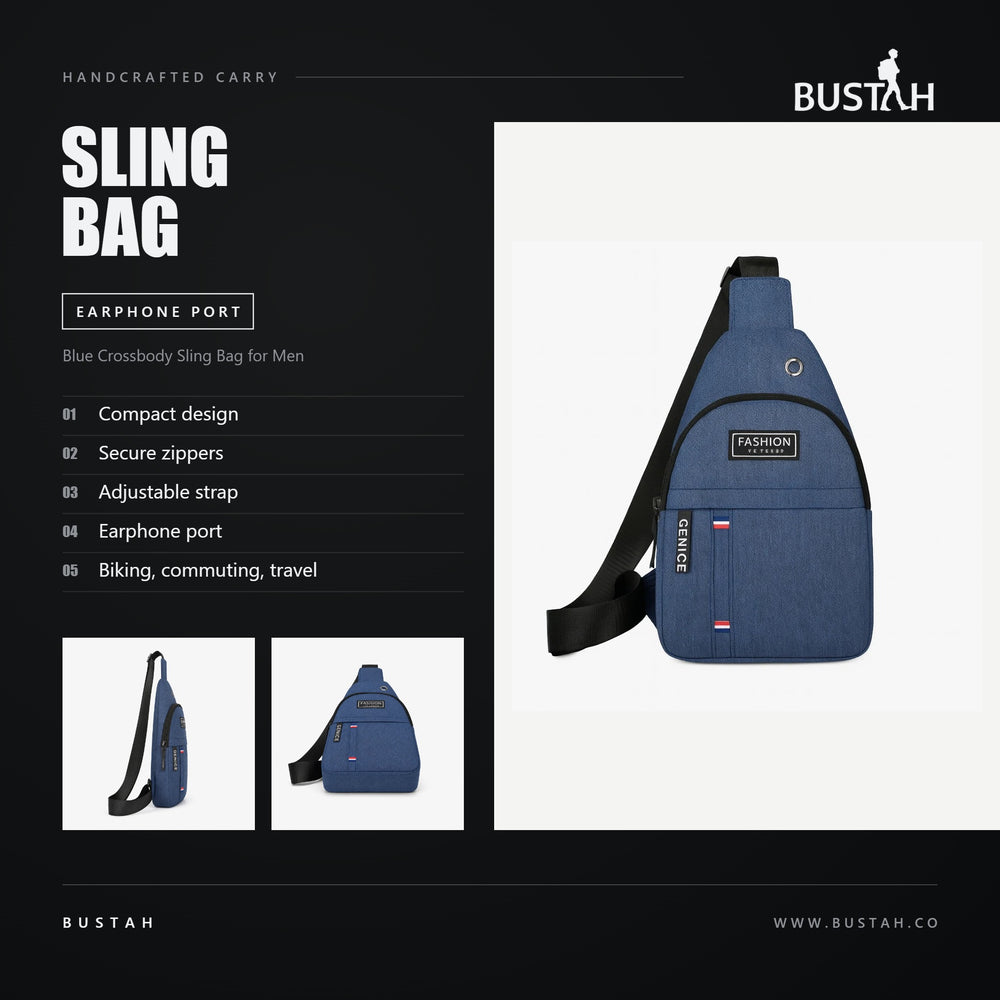 Bustah blue crossbody sling bag for men with secure zippers, adjustable strap and earphone port