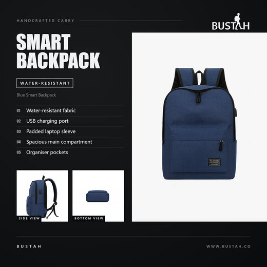 Bustah blue smart backpack with water-resistant fabric, USB charging port, padded laptop sleeve and organiser pockets