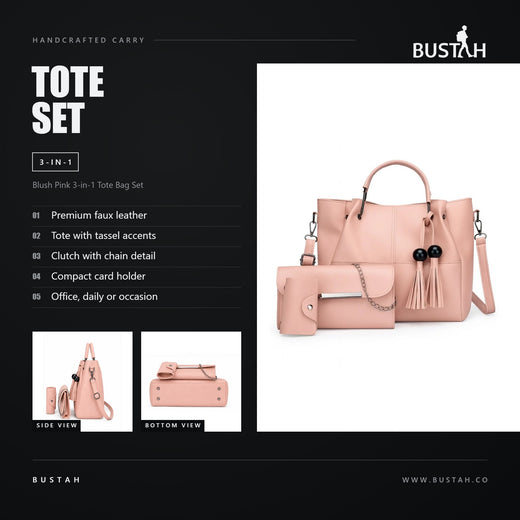 Bustah blush pink 3-in-1 tote bag set in faux leather with tassel accents, chain clutch and compact card holder