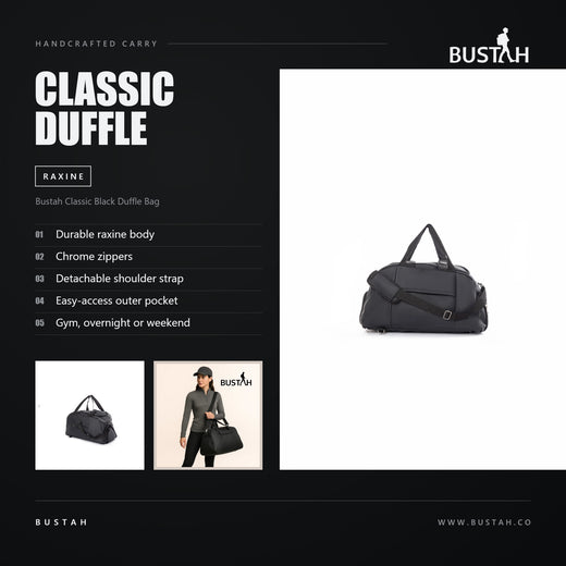 Bustah Classic black raxine duffle bag with chrome zippers, detachable shoulder strap and easy-access outer pocket