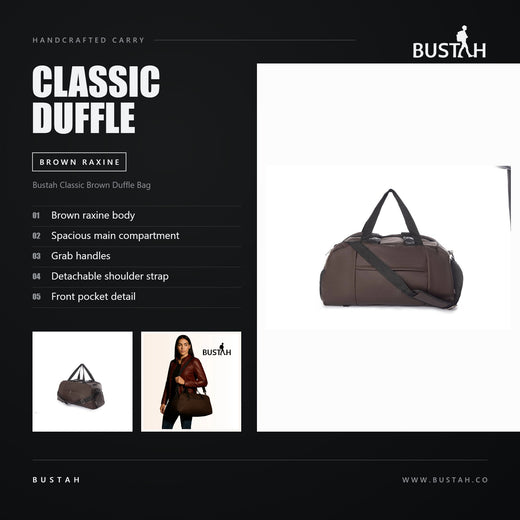 Bustah Classic brown raxine duffle bag with grab handles, detachable shoulder strap and front pocket detail