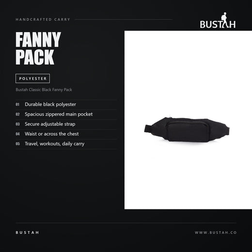 Bustah Classic black polyester fanny pack with spacious zippered main pocket and secure adjustable strap