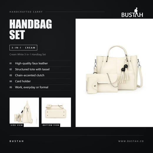 Bustah cream white 3-in-1 handbag set in faux leather with structured tote, chain-accented clutch and card holder