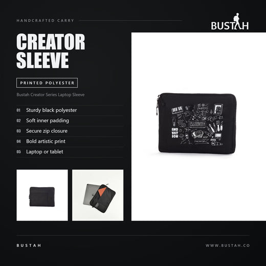 Bustah Creator Series laptop sleeve in printed black polyester with soft inner padding and secure zip closure