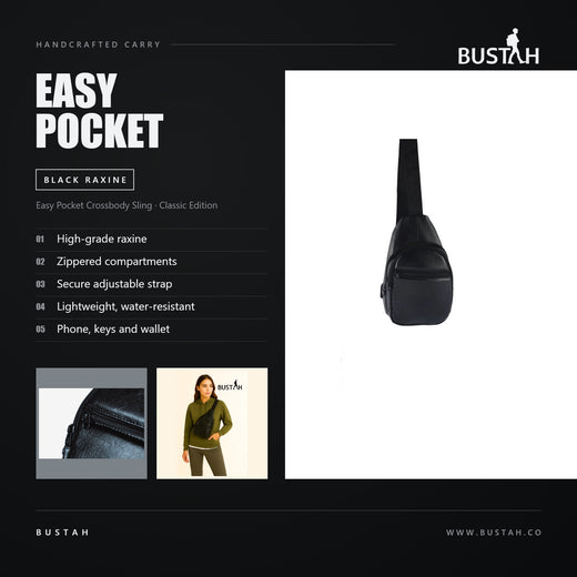 Bustah Easy Pocket black raxine crossbody sling bag with zippered compartments and secure adjustable strap