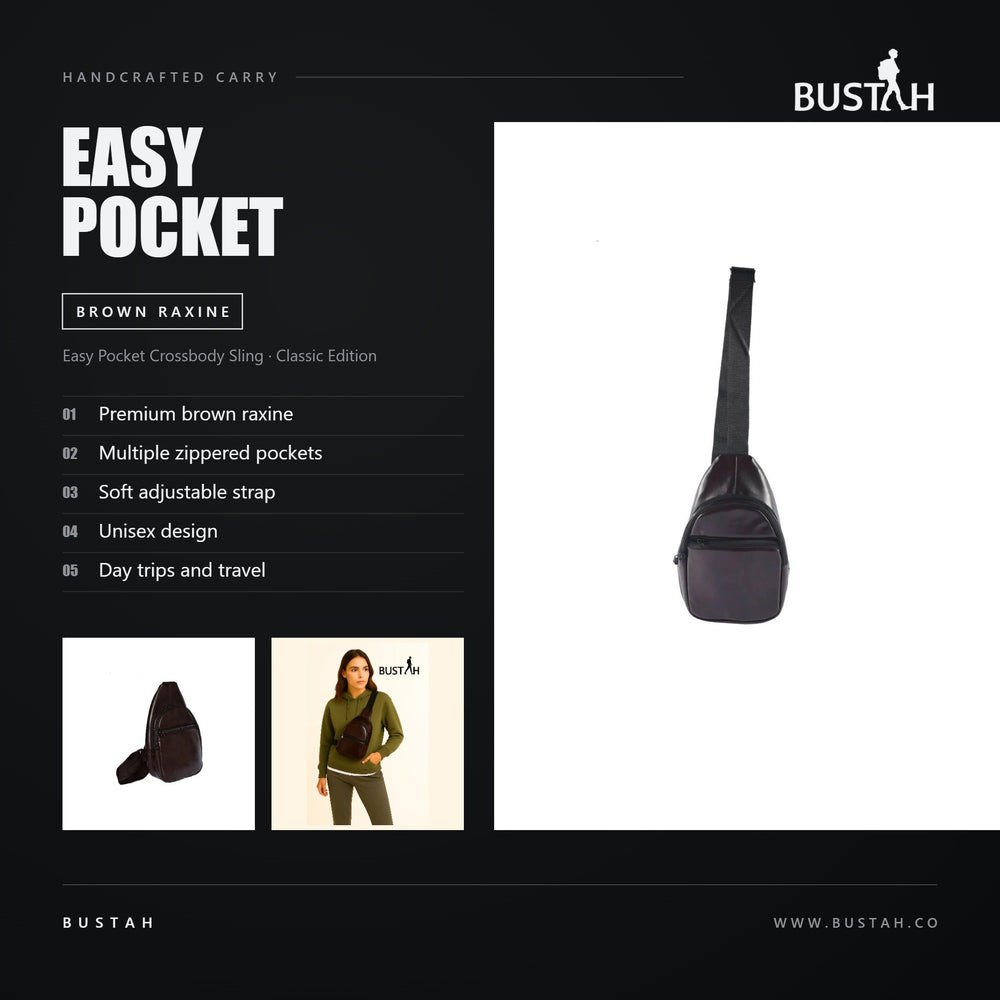 Bustah Easy Pocket brown raxine crossbody sling bag with multiple zippered pockets and soft adjustable strap