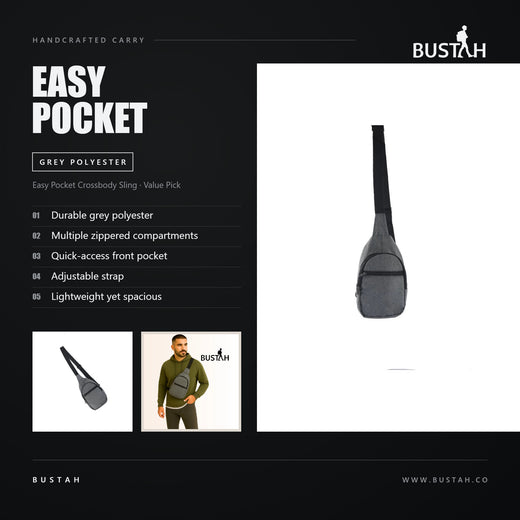Bustah Easy Pocket grey polyester crossbody sling bag with quick-access front pocket and adjustable strap