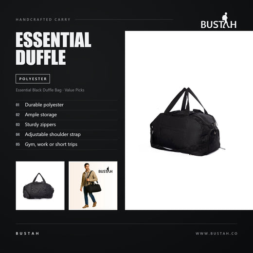 Bustah Essential black polyester duffle bag with ample storage, sturdy zippers and adjustable shoulder strap