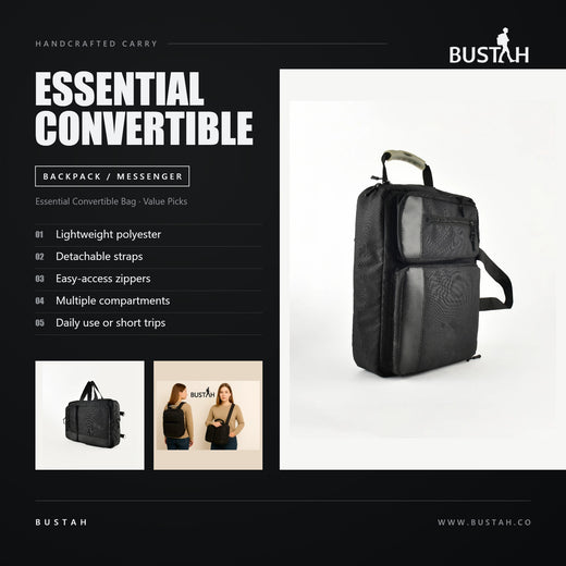 Bustah Essential convertible backpack messenger bag in lightweight polyester with detachable straps and multiple compartments