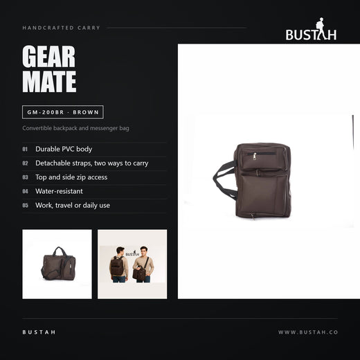 Bustah Gear Mate GM-200BR brown PVC convertible backpack and messenger bag with detachable straps and top and side zip access