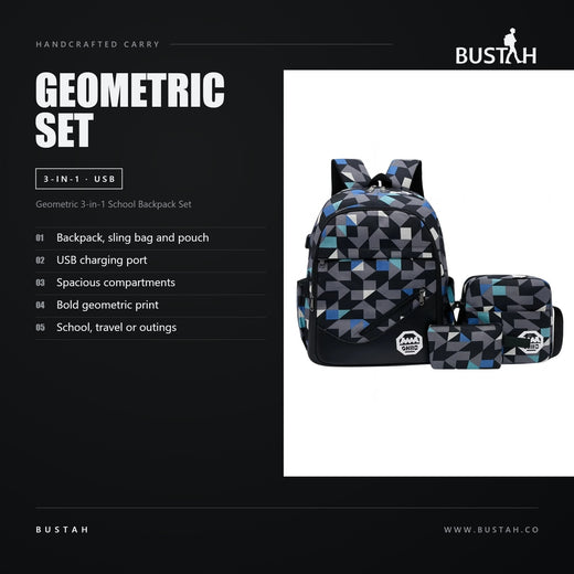 Bustah geometric print 3-in-1 school backpack set with USB charging port, crossbody sling bag and zippered pouch