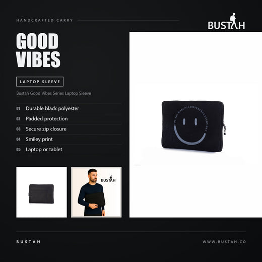 Bustah Good Vibes Series laptop sleeve in black polyester with smiley print, padded protection and secure zip closure