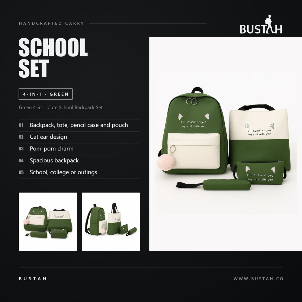 Bustah green 4-in-1 cute school backpack set with cat ear design, pom-pom charm, tote, pencil case and pouch