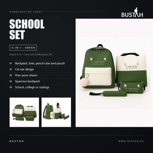 Bustah green 4-in-1 cute school backpack set with cat ear design, pom-pom charm, tote, pencil case and pouch