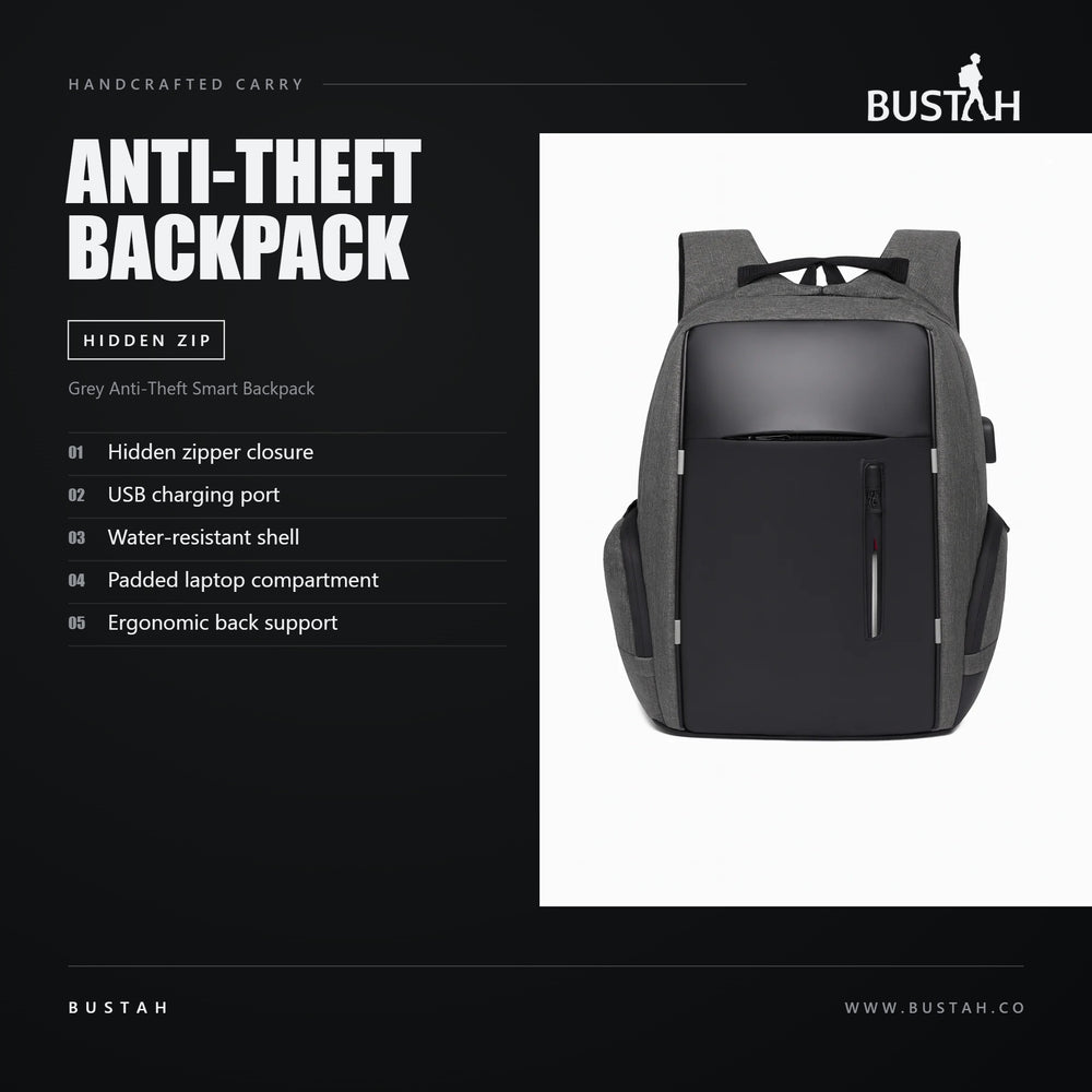 Bustah grey anti-theft smart backpack with hidden zipper closure, USB charging port, water-resistant shell and padded laptop compartment