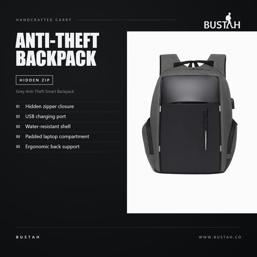 Bustah grey anti-theft smart backpack with hidden zipper closure, USB charging port, water-resistant shell and padded laptop compartment