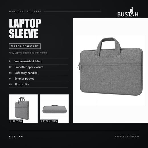 Bustah grey laptop sleeve bag with water-resistant fabric, smooth zipper closure, soft carry handles and exterior pocket