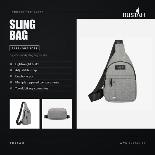Bustah grey crossbody sling bag for men with adjustable strap, earphone port and multiple zippered compartments