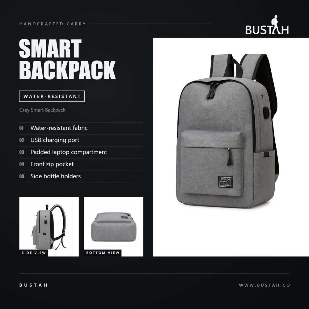 Bustah grey smart backpack with water-resistant fabric, USB charging port, padded laptop compartment and side bottle holders