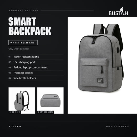 Bustah grey smart backpack with water-resistant fabric, USB charging port, padded laptop compartment and side bottle holders