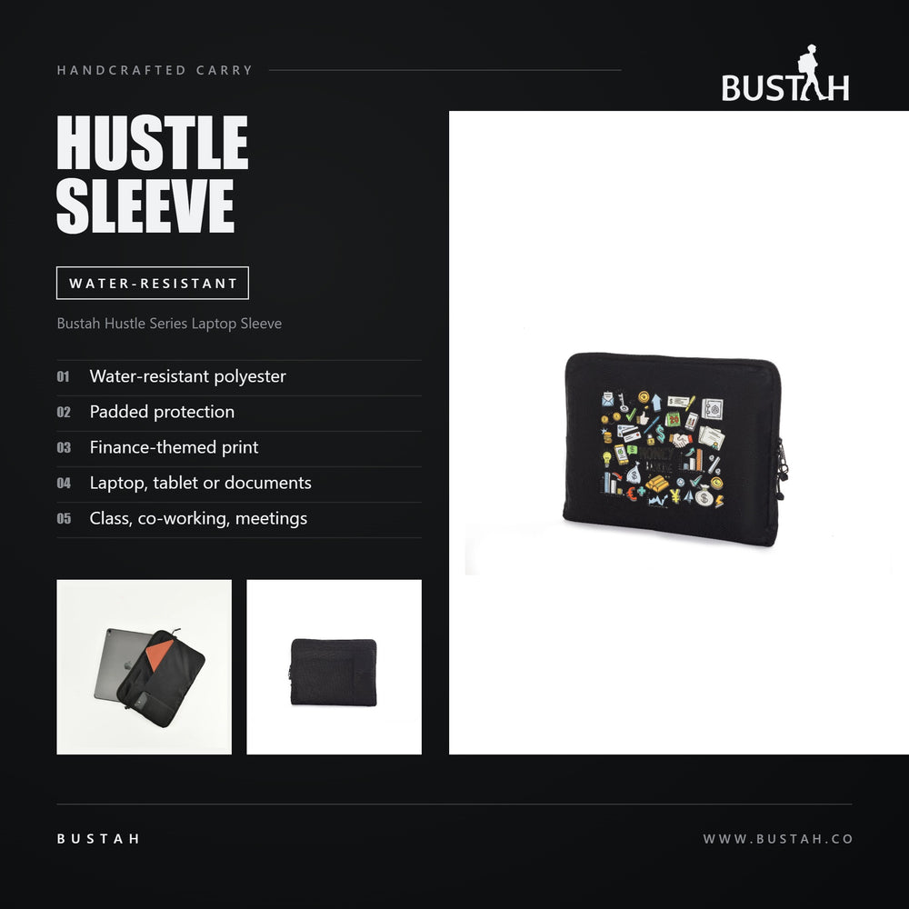 Bustah Hustle Series laptop sleeve in water-resistant polyester with padded protection and finance-themed print