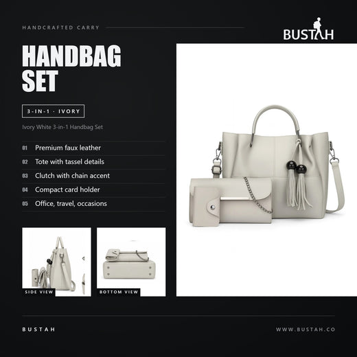 Bustah ivory white 3-in-1 handbag set in faux leather with tassel tote, chain-accent clutch and compact card holder