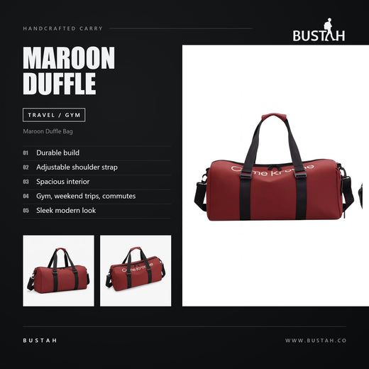 Bustah maroon duffle bag with adjustable shoulder strap and spacious interior for gym, weekend trips and commutes