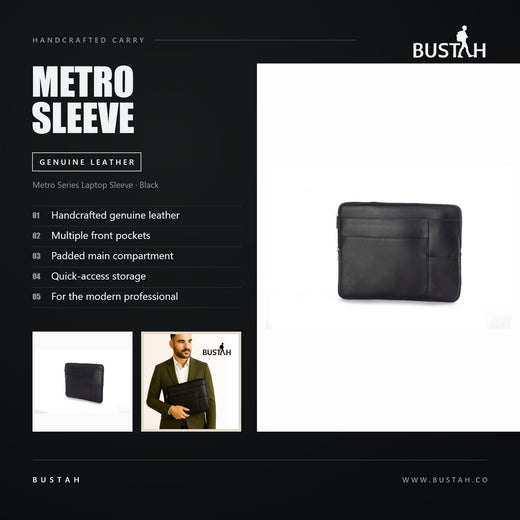 Bustah Metro Series laptop sleeve in black genuine leather with multiple front pockets and padded main compartment