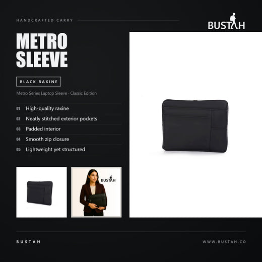 Bustah Metro Series laptop sleeve in black raxine with neatly stitched exterior pockets and padded interior