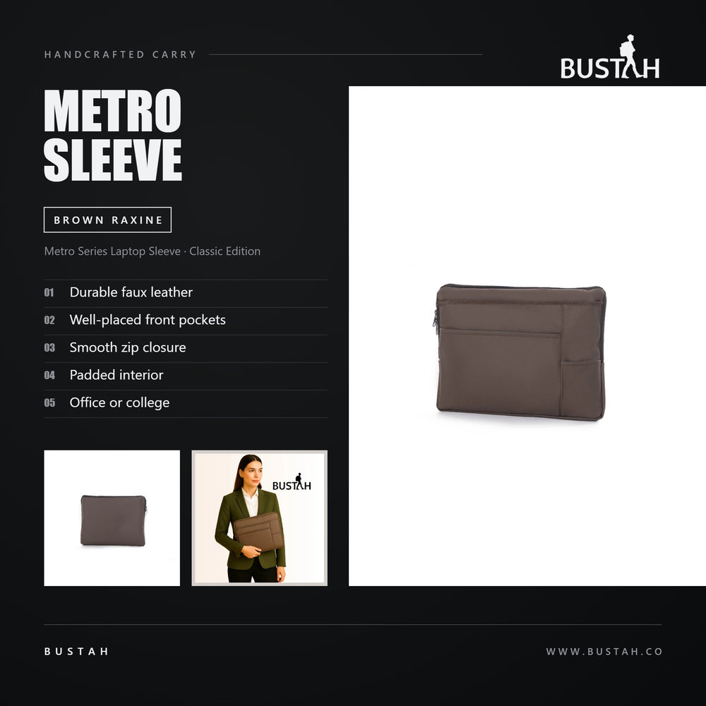 Bustah Metro Series laptop sleeve in brown raxine faux leather with front pockets, smooth zip closure and padded interior