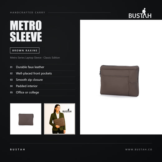 Bustah Metro Series laptop sleeve in brown raxine faux leather with front pockets, smooth zip closure and padded interior
