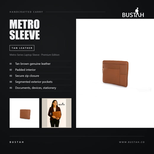 Bustah Metro Series laptop sleeve in tan brown genuine leather with padded interior and segmented exterior pockets