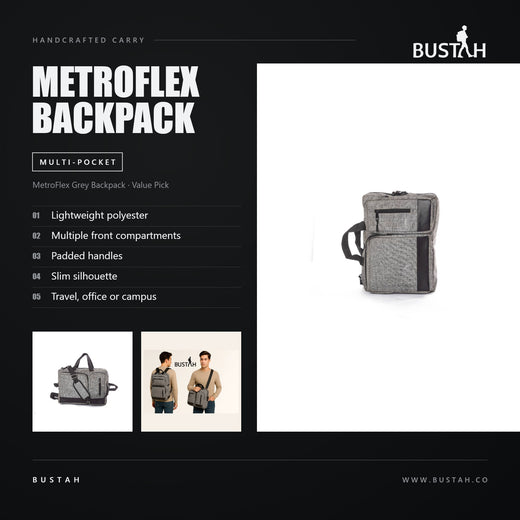 Bustah MetroFlex grey backpack in lightweight polyester with multiple front compartments, padded handles and slim silhouette