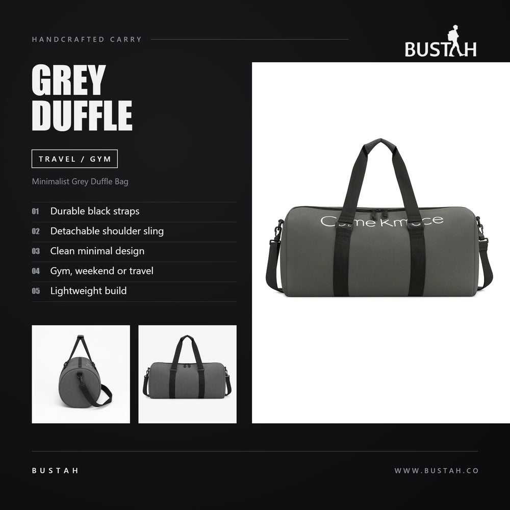Bustah minimalist grey duffle bag with durable black straps and detachable shoulder sling for gym, weekend or travel