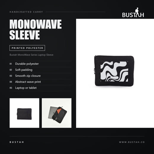 Bustah MonoWave Series laptop sleeve in printed polyester with abstract wave design, soft padding and smooth zip closure