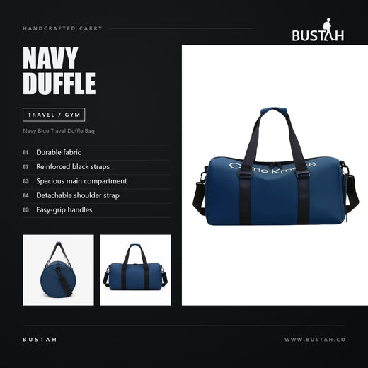Bustah navy blue travel duffle bag with reinforced black straps, spacious main compartment and detachable shoulder strap