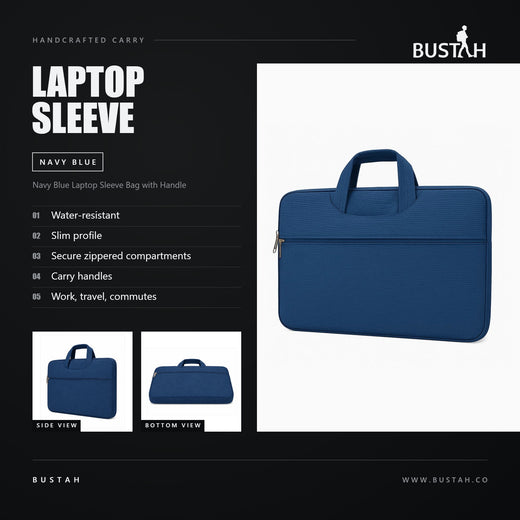 Bustah navy blue laptop sleeve bag with slim profile, secure zippered compartments and carry handles, water-resistant