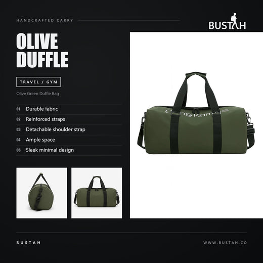 Bustah olive green duffle bag with reinforced straps, detachable shoulder strap and ample space in a sleek minimal design