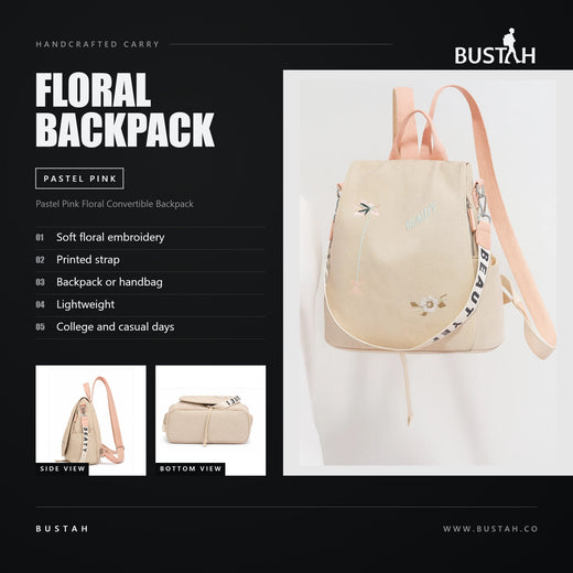 Bustah pastel pink floral convertible backpack for women with soft embroidery and printed strap, worn as backpack or handbag
