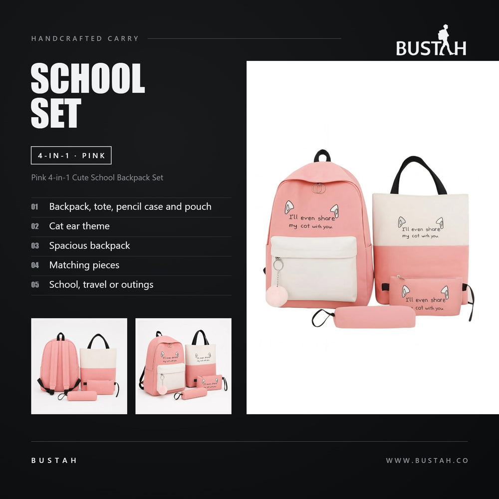 Bustah pink 4-in-1 cute school backpack set with cat ear theme - backpack, tote, pencil case and pouch