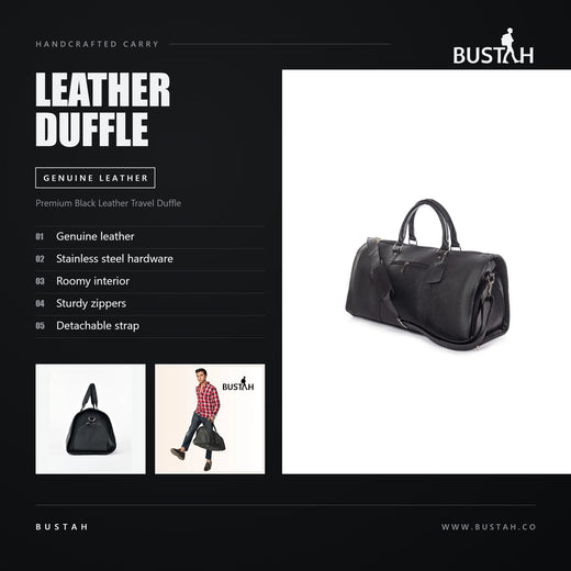 Bustah premium black genuine leather travel duffle with stainless steel hardware, roomy interior and detachable strap