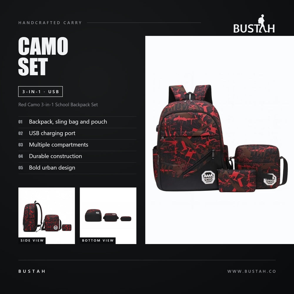 Bustah red camo 3-in-1 school backpack set with USB charging port, crossbody sling bag and zippered pouch