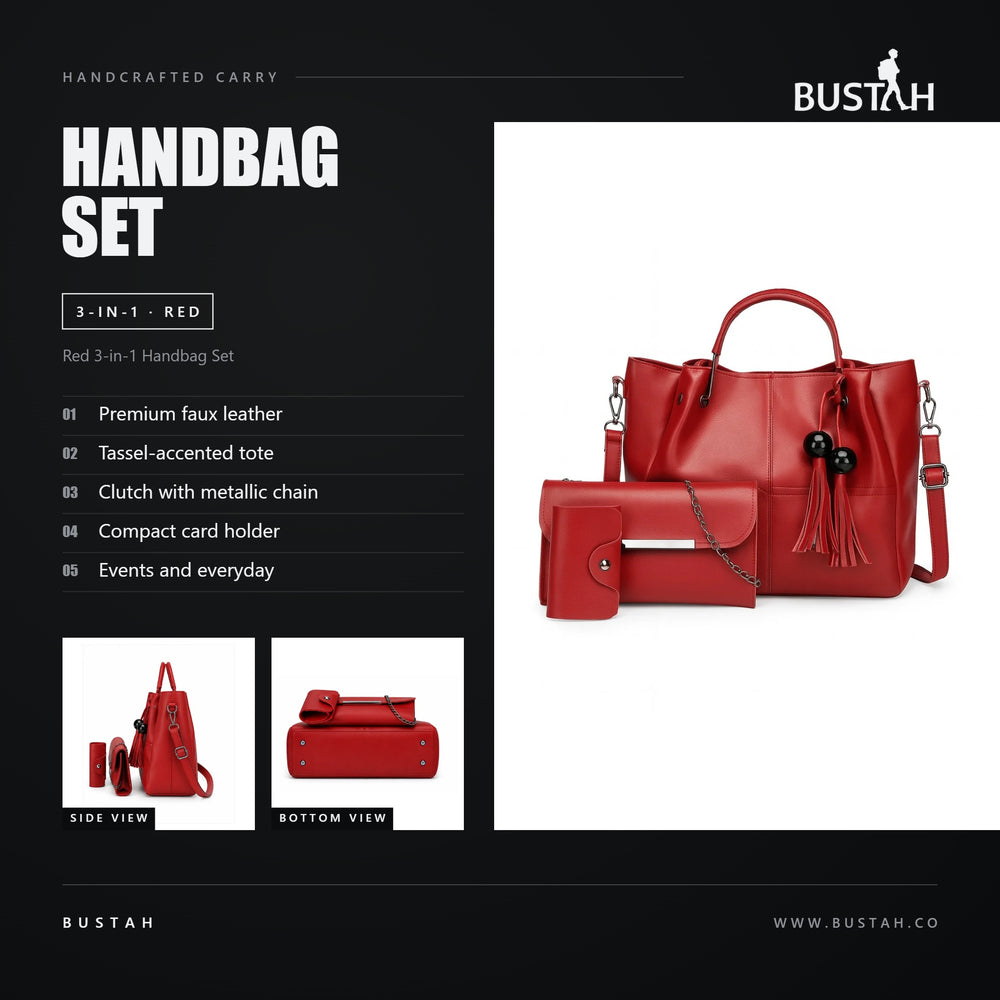 Bustah red 3-in-1 handbag set in faux leather with tassel-accented tote, clutch with metallic chain and card holder