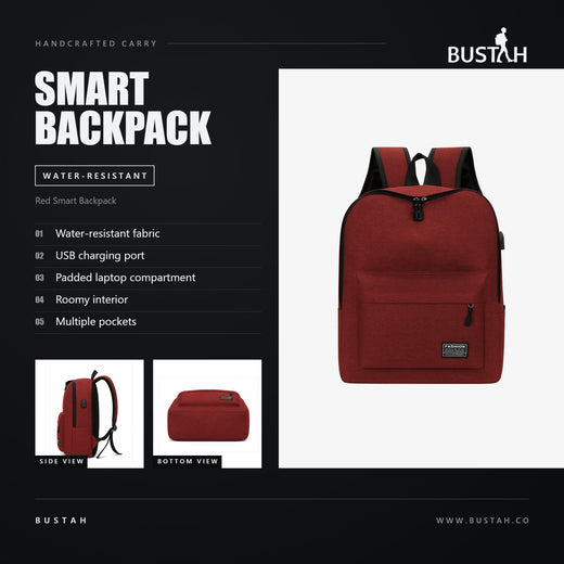 Bustah red smart backpack with water-resistant fabric, USB charging port, padded laptop compartment and multiple pockets