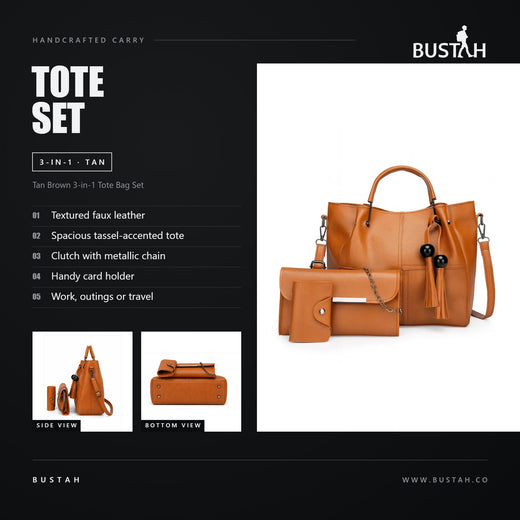 Bustah tan brown 3-in-1 tote bag set in textured faux leather with tassel tote, metallic chain clutch and card holder