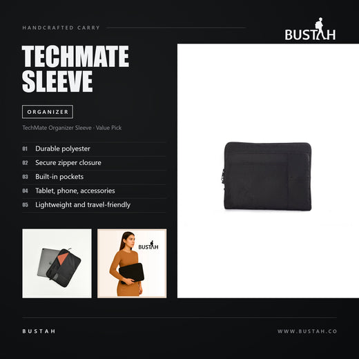 Bustah TechMate organizer laptop sleeve in durable polyester with secure zipper closure and built-in accessory pockets