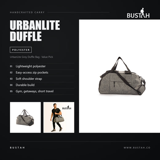 Bustah UrbanLite grey duffle bag in lightweight polyester with easy-access zip pockets and soft shoulder strap