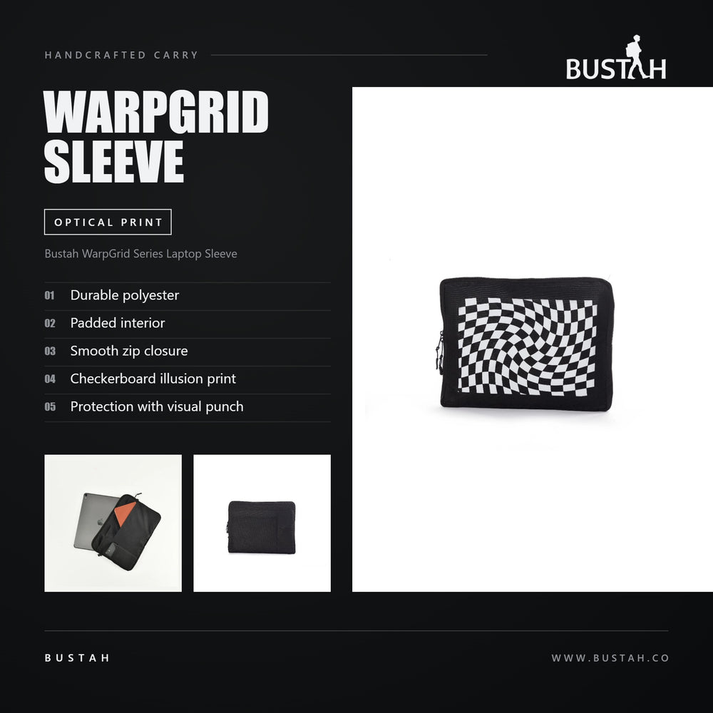 Bustah WarpGrid Series laptop sleeve with checkerboard illusion print, durable polyester and padded interior