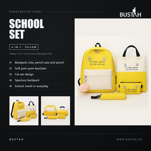 Bustah yellow 4-in-1 cute school backpack set with pom-pom keychain, cat ear design, tote, pencil case and pouch
